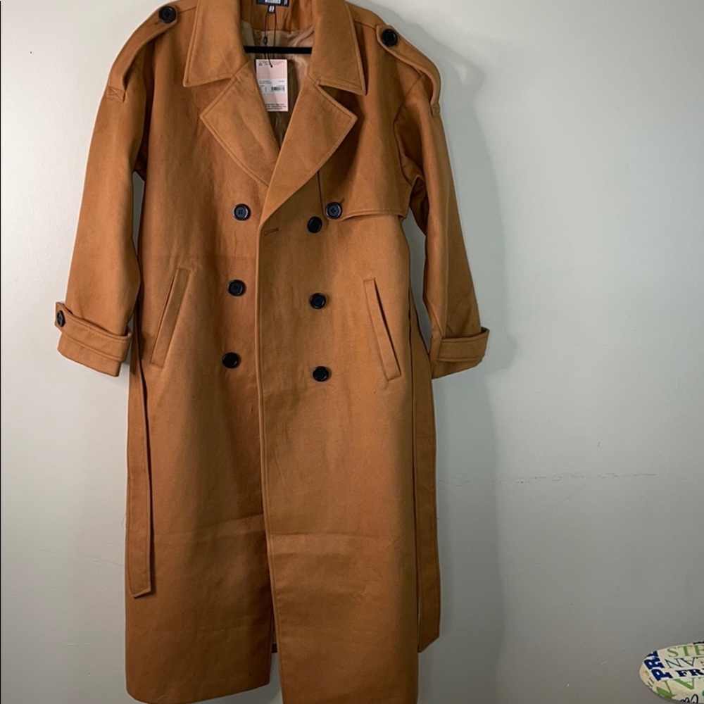 Camel button long trench coat